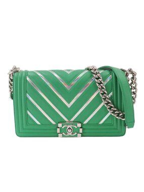 Chanel Boy Chain Shoulder Bag Lambskin Green Silver